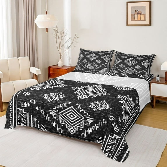 Feelyou Black Damask Flower Queen Sheet Sets, Retro Western Mandala Bed Set, 4pcs