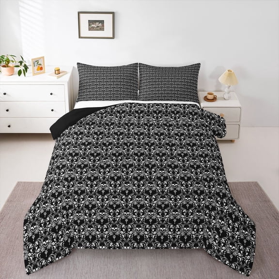 Feelyou Black Damask Flower Twin Comforter Sets, Tribal Gothic Skull Bedding Set, 2-Piece