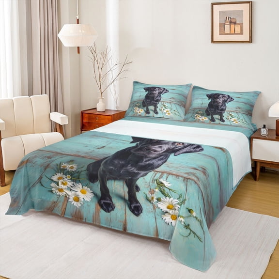 Feelyou Black Dog Animal Twin Sheet Sets, Rustic Groovy Flower Bedding, 3-Piece
