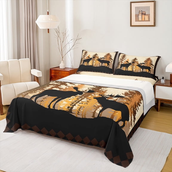 Feelyou Black Elk Deer Moose Bed Sheets, Western Animal Wildlife King Sheets, Retro Buffalo Plaid Sheet Set, Microfiber Bedroom Decor, 4pcs