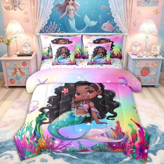 Feelyou Black Fairy Mermaid Bedding Comforter Set for Kids Boys Girls, Rainbow Galaxy Animal King Bedding Sets, Pink Blue, Colorful Star Reversible, 7 Pieces
