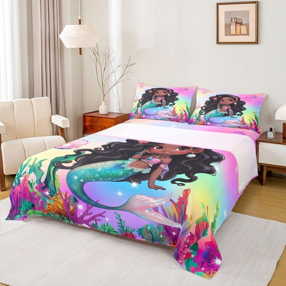 Feelyou Black Fairy Mermaid Full Size Sheets for Kids Boys Girls, Rainbow Galaxy Animal Bed Sheets, Pink Blue, 4 Pieces