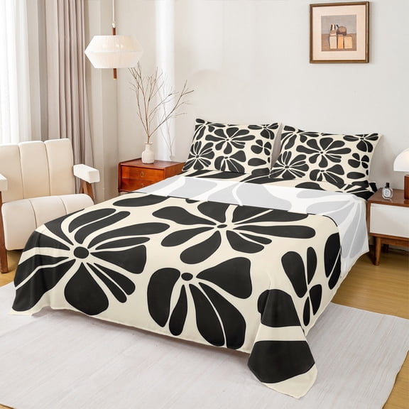 Feelyou Black Flower Print Twin Sheet Sets for Girls, Cartoon Floral Twin Fitted Sheet, Retro Western Theme Flat Sheet, Luxury Bedroom Decor, 3pcs
