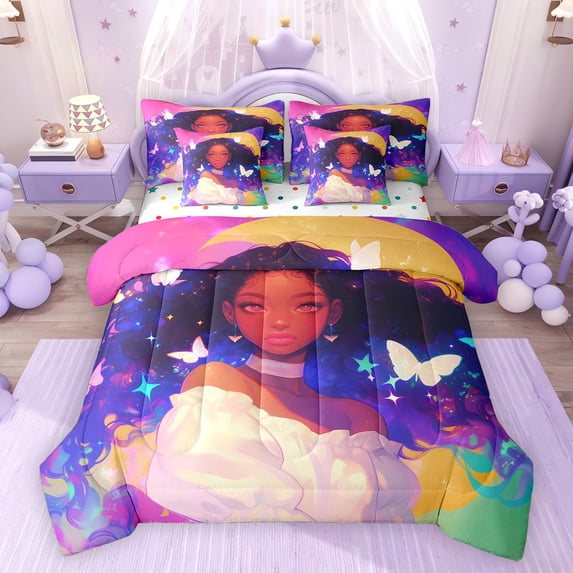 Feelyou Black Girl Princess Bedding Comforter Set 7pcs, Galaxy Butterfly King Bedding Sets