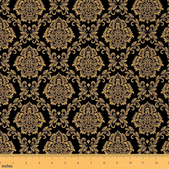 Feelyou Black Gold Damask Fabric by the Yard 2 Yards for Kid, Mandala Floral Print Room Decor Fabric by the Yard, Vintage Western Fashion Fabric for Sewing, Super Cozy Room Decor