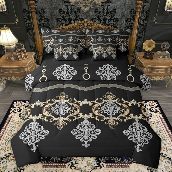 Feelyou Black Gold Damask Twin Bedding Sets 7-Piece, Boho Rustic Farmhouse Bedding Comforter Set, Southwestern Theme Reversible Sheet Sets, Luxury Bedroom Decor