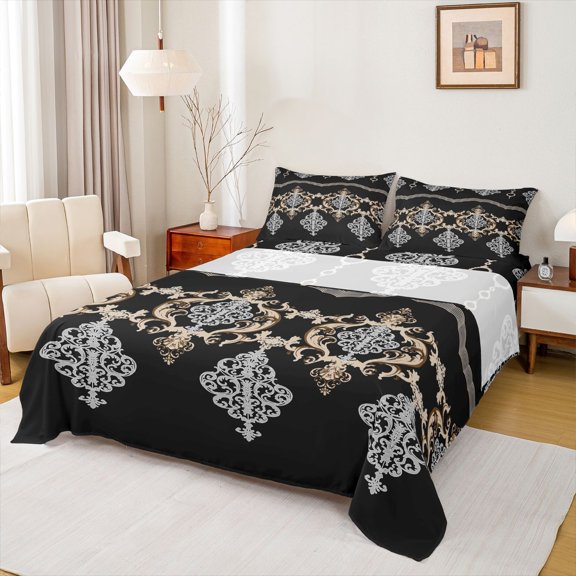 Feelyou Black Gold Damask Twin Sheet Sets, Boho Rustic Farmhouse Twin Fitted Sheet, Southwestern Theme Flat Sheet, Luxury Bedroom Decor, 3pcs