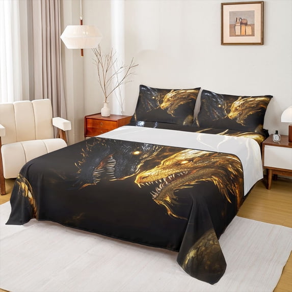 Feelyou Black Gold Dragons Queen Sheet Sets for Men Women Kids, Mystic Flame Wildlife Bed Set, Black Gold, 4 Pieces