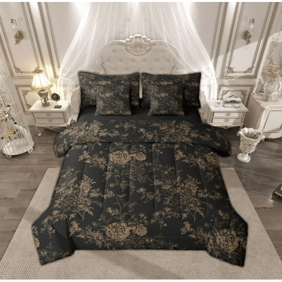 Feelyou Black Gold Flower Bedding Comforter Set 7pcs, Retro French Floral Queen Bedding Sets, Countryside Theme Reversible Queen Sheet Sets, Super Cozy Room Decor