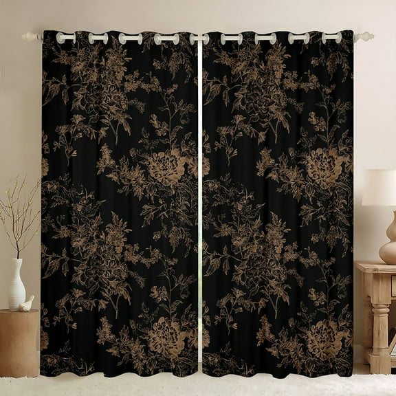 Feelyou Black Gold Flower Blackout Curtains Set of 2 (52x84 Each), Retro French Floral Window Curtains, Countryside Theme Curtains and Drapes, Curtains and Drapes Room Decor