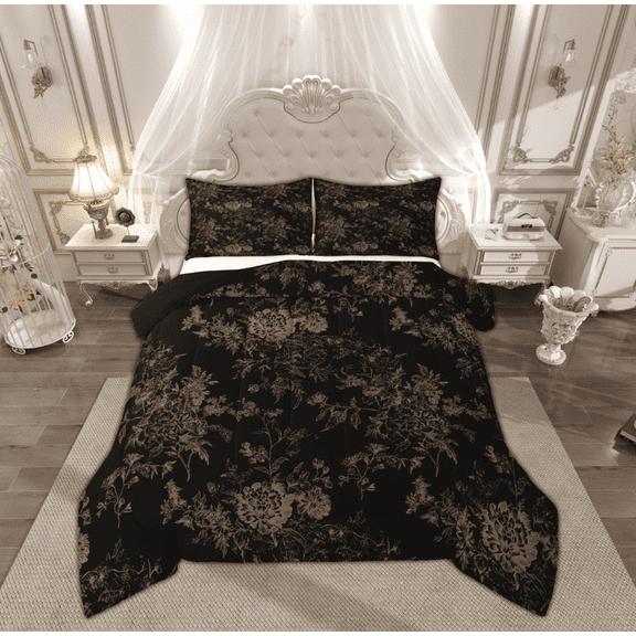 Feelyou Black Gold Flower Full Size Comforter Sets, Retro French Floral Bedding Comforter Set, Countryside Theme Reversible Bedding Sets, Super Cozy Room Decor, 3-Piece