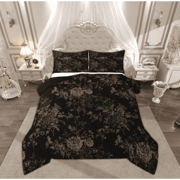 Feelyou Black Gold Flower Full Size Comforter Sets, Retro French Floral Bedding Comforter Set, Countryside Theme Reversible Bedding Sets, Super Cozy Room Decor, 3-Piece