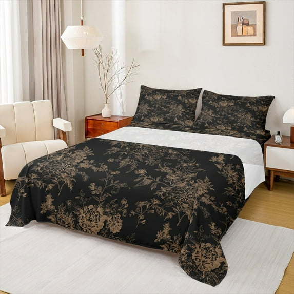 Feelyou Black Gold Flower Full Size Sheets, Retro French Floral Bed Sheets, Countryside Theme Sheet Sets, Super Cozy Room Decor, 4-Piece