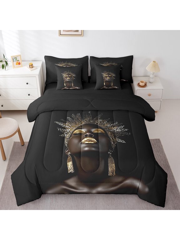 Black Gold Princess Bedding Comforter Set 7-Piece, Kawaii Girls King Bedding Sets, Teen Child Female Adult Reversible Bed Sheets, Lightweight Room Decor