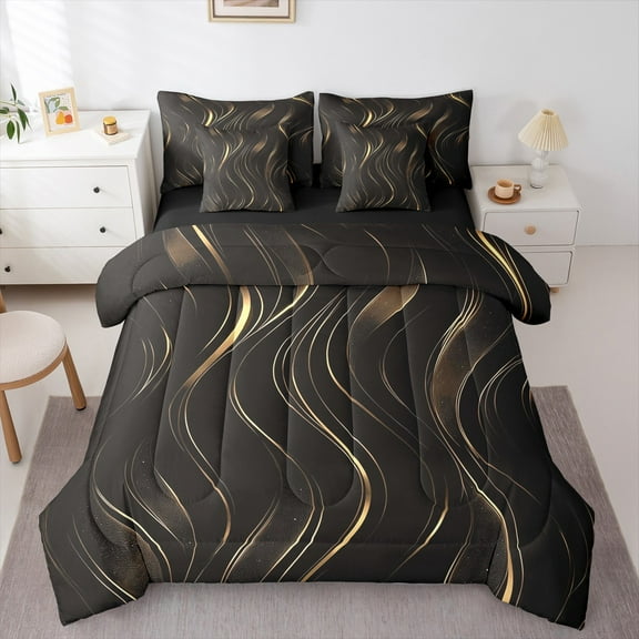 Feelyou Black Gold Stripes Bedding Comforter Set 7 Pieces, Modern Abstract Geometric Full Bedding Set, Chic Minimalism Reversible Fitted Sheet Flat Sheet, Luxury Bedroom Decor