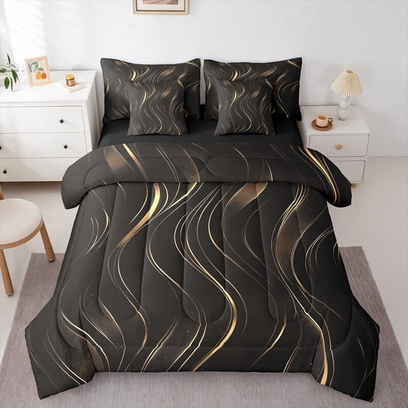 Feelyou Black Gold Stripes Bedding Comforter Set 7pcs, Modern Abstract Geometric Queen Bedding Sets, Chic Minimalism Reversible Queen Sheet Sets, Luxury Bedroom Decor