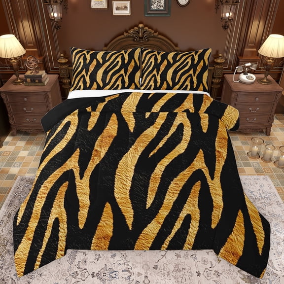 Feelyou Black Gold Stripes Bedding Comforter Set for Women, Modern Zebra Print Twin Comforter Sets, Artwork Abstract Ombre Reversible Bedding Set, Ultra Soft Bedroom Decor, 2 Pieces