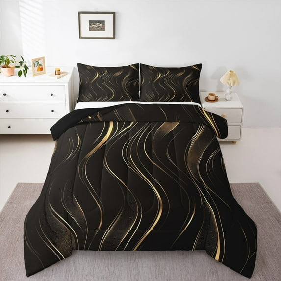 Feelyou Black Gold Stripes Queen Comforter Set, Modern Abstract Geometric Bedding Sets, Chic Minimalism Reversible Bedding Comforter Set, Luxury Bedroom Decor, 3 Pieces