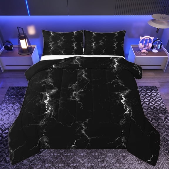 Feelyou Black Grey Lightning Full Size Comforter Sets, Chic Stripe Abstract Ombre Bedding Comforter Set, Teens Kids Girls Boys Reversible Bedding Sets, Super Cozy Room Decor, 3-Piece