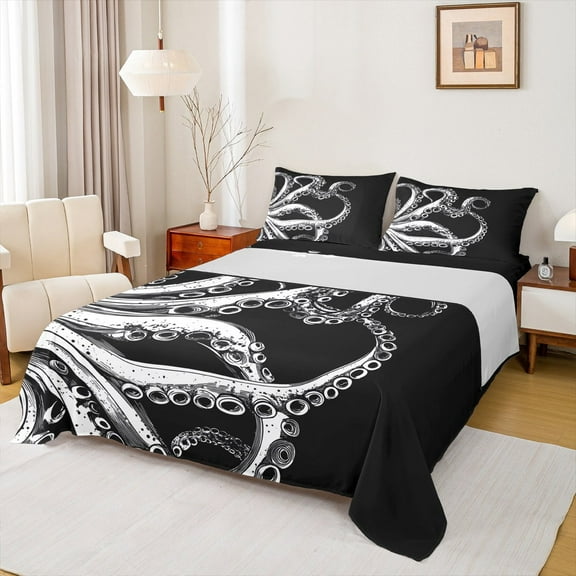 Feelyou Black Grey Octopus Twin Sheet Sets, Ocean Sealife Animal Twin Fitted Sheet, Teen Kid Child Flat Sheet, Lightweight Room Decor, 3-Piece