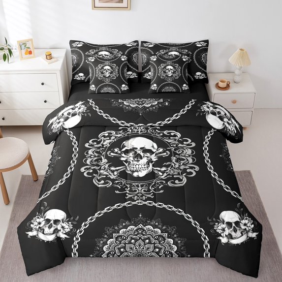 Feelyou Black Grey Skeleton Twin Bedding Sets 7-Piece for Kids, Mystic Damask Flower Bedding Comforter Set, Western Bohemian Style Reversible Sheet Sets, Luxury Bedroom Decor