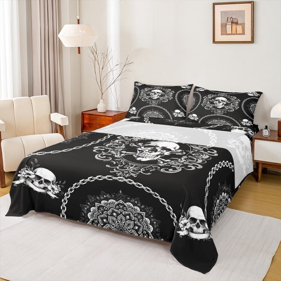 Feelyou Black Grey Skeleton Twin Sheet Sets for Kids, Mystic Damask Flower Twin Fitted Sheet, Western Bohemian Style Flat Sheet, Luxury Bedroom Decor, 3-Piece