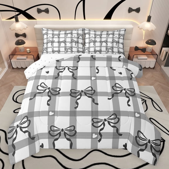 Feelyou Black Kawaii Bow Bedding Comforter Set, Kawaii Cartoon Love Heart Twin Comforter Sets, Teens Kids Girls Women Reversible Bedding Set, Lightweight Room Decor, 2 Pieces