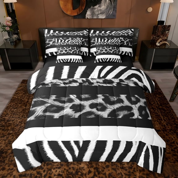 Feelyou Black Leopard Print Twin Bedding Sets 7pcs, Abstract Lines Stripes Comforter Set