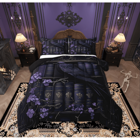 Feelyou Black Magic Crow Full Size Comforter Sets for Kid, Dreamy Purple Flower Bedding Comforter Set, Western Tribal Damask Reversible Bedding Sets, Breathable Home Decor, 3-Piece