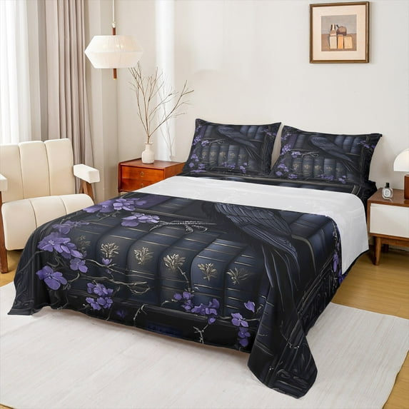 Feelyou Black Magic Crow Full Size Sheets for Kid, Dreamy Purple Flower Bed Sheets, Western Tribal Damask Sheet Sets, Breathable Home Decor, 4-Piece