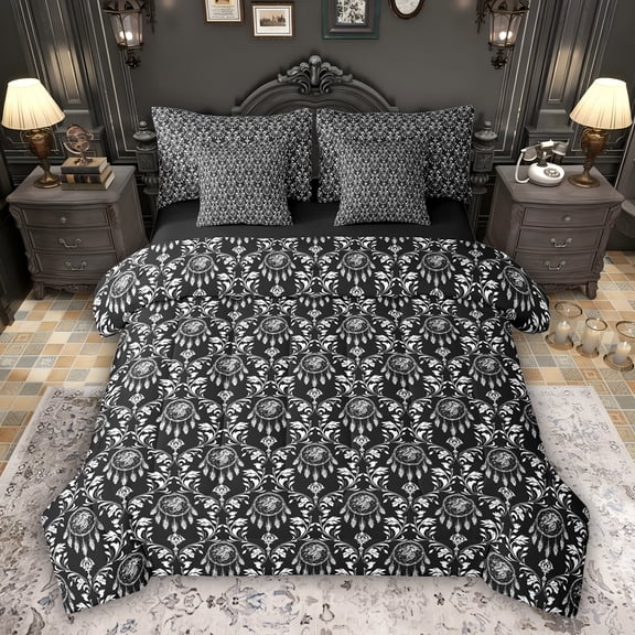 Feelyou Black Mandala Damask Comforter Set 7pcs, Boho Dreamcatcher Queen Bedding Sets