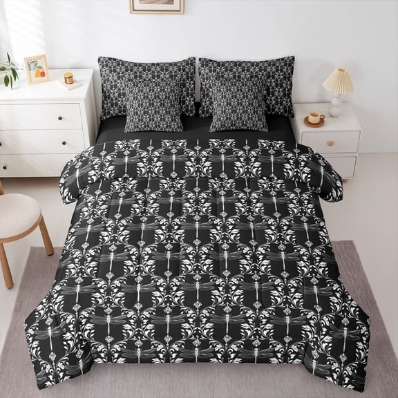 Feelyou Black Mandala Damask Comforter Set 7pcs, Magic Dragonfly Animal Queen Bedding Sets