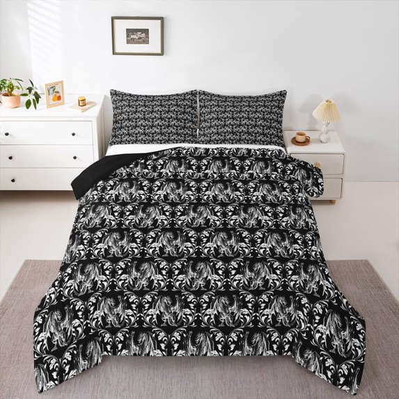 Feelyou Black Mandala Damask Full Size Comforter Sets, Dragon Animal Bedding Sets, 3pcs