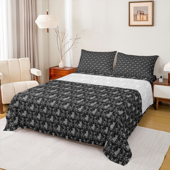 Feelyou Black Mandala Damask Twin Sheet Sets, Cartoon Cat Bedding, 3-Piece