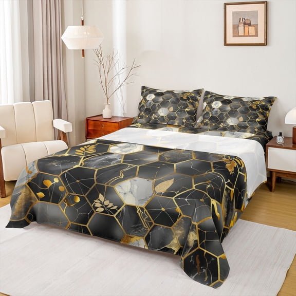 Feelyou Black Marble Ombre Full Size Sheets, Gold Honeycomb Abstract Bed Sheets, Teens Adult Girls Women Sheet Sets, Breathable Home Decor, 4pcs