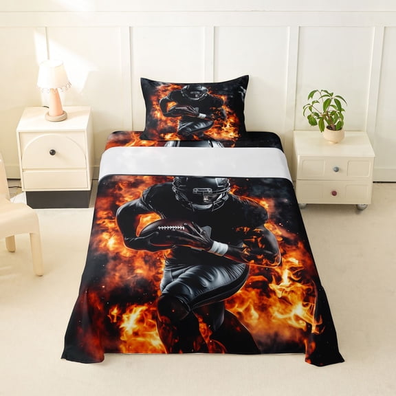 Feelyou Black Orange Fiery Football Twin Sheets for Boys, Player Helmet Sport Bedding, 3 Pieces, 1 Flat Sheet, 1 Fitted Sheet and 1 Pillowcase