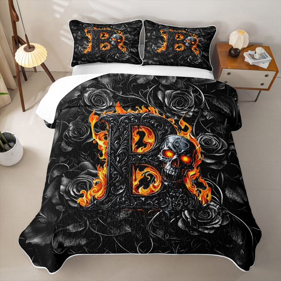 Feelyou Black Orange Skull Letter B Quilt Full for Women, Flame Fire Floral Full Bedspread Sets, 3-Piece