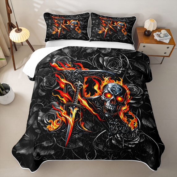 Feelyou Black Orange Skull Letter R Bed Spread Queen for Women, Flame Fire Floral Queen Coverlet Set, 3 Pieces