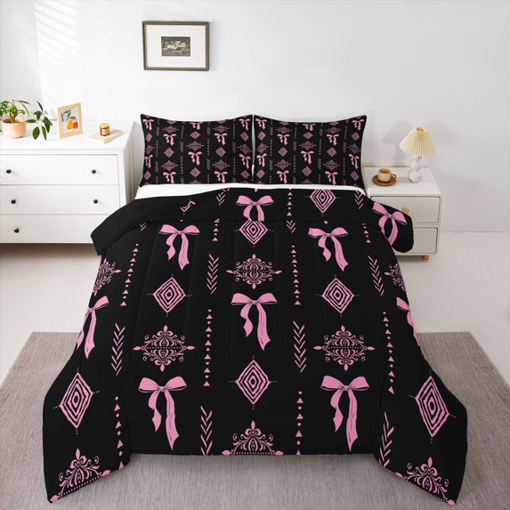 Feelyou Black Pink Aztec Full Size Comforter Sets, Princess Bowknot Bedding Sets, 3pcs