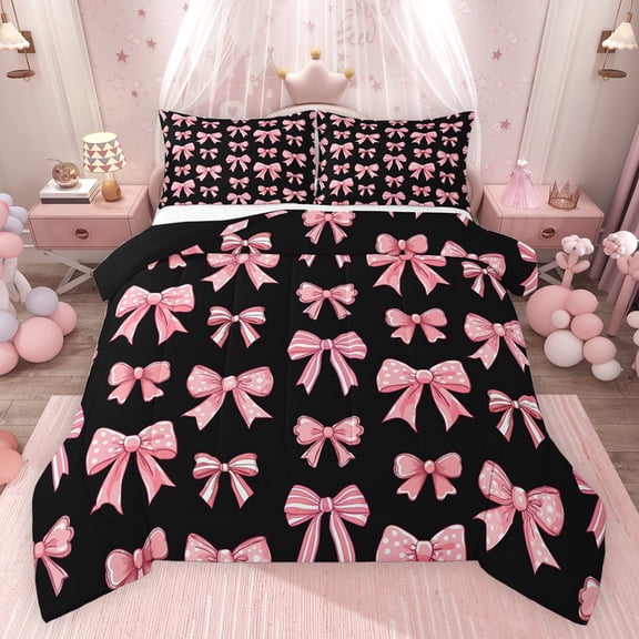 Feelyou Black Pink Bow Bedding Comforter Set, Dreamy Princess Butterfly Knot Twin Comforter Sets, Teens Kids Girls Women Reversible Bedding Set, Super Cozy Room Decor, 2-Piece