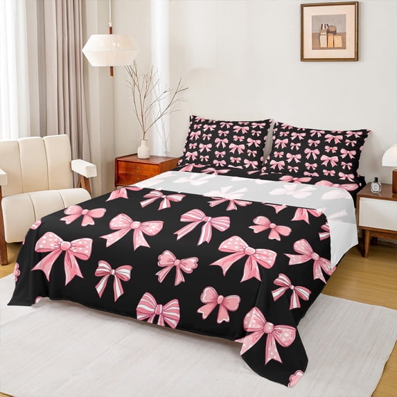 Feelyou Black Pink Bow Queen Sheet Sets, Dreamy Princess Butterfly Knot Flat Sheet, Teens Kids Girls Women Queen Fitted Sheet, Super Cozy Room Decor, 4-Piece