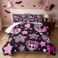 thumbnail image 1 of Feelyou Black Pink Bow Skull Quilt Full, Leopard Print Love Heart Stars Full Bedspread Sets, 3 Pieces, 1 Comforter and 2 Pillowcases, 1 of 7