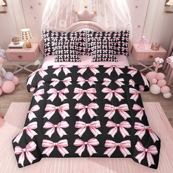 Feelyou Black Pink Bow Twin Bedding Sets 7pcs, Fashion Ribbon Bedding Comforter Set