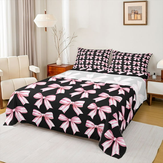 Feelyou Black Pink Bow Twin Sheet Sets, Fashion Cartoon Ribbon Bedding, 3pcs