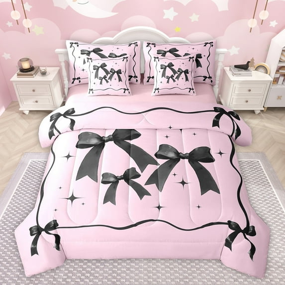 Feelyou Black Pink Bow-tie Twin Bedding Sets 7-Piece for Kid, Butterfly Knot Princess Bedding Comforter Set, Watercolor Bowknot Reversible Sheet Sets, Microfiber Bedroom Decor