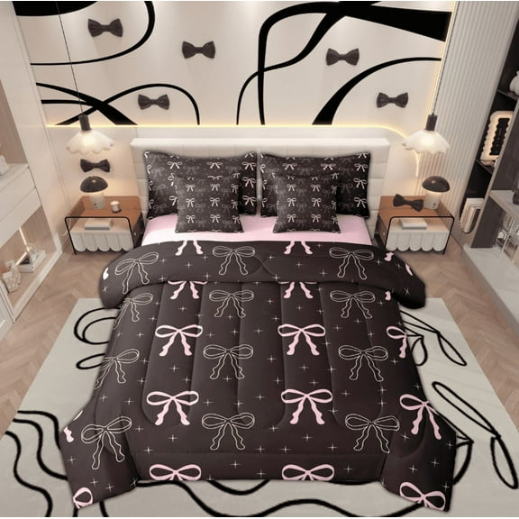 Feelyou Black Pink Bowknot Bedding Comforter Set 7pcs, Princess Ribbon Bow Queen Bedding Sets, Cartoon Fairy Tale Reversible Queen Sheet Sets, Lightweight Room Decor