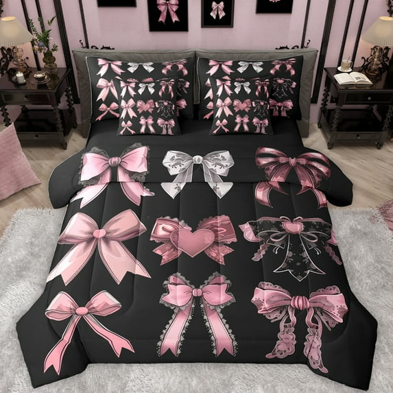 Feelyou Black Pink Bowknot Bedding Comforter Set 7pcs, Vintage Fashion Bow King Bedding Sets, Fairy Tale Princess Reversible Bed Sheets, Ultra Soft Bedroom Decor