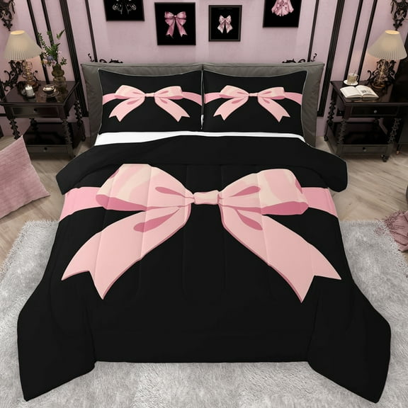 Feelyou Black Pink Bowknot Bedding Comforter Set for Girls, Kawaii Bow-tie Ribbon Twin Comforter Sets, Cute Princess Style Reversible Bedding Set, Lightweight Room Decor, 2 Pieces