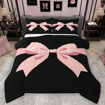 Feelyou Black Pink Bowknot Bedding Comforter Set for Girls, Kawaii Bow-tie Ribbon Twin Comforter Sets, Cute Princess Style Reversible Bedding Set, Lightweight Room Decor, 2 Pieces
