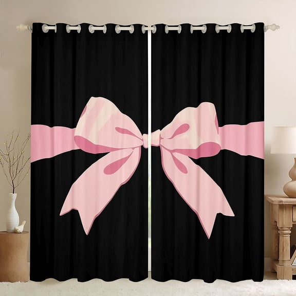 Feelyou Black Pink Bowknot Black Out Curtains for Girls, Kawaii Bow-tie Ribbon Curtains Pack of 2 (42x63 Each), Cute Princess Style Bedroom Curtains, Blackout Curtains Room Decor